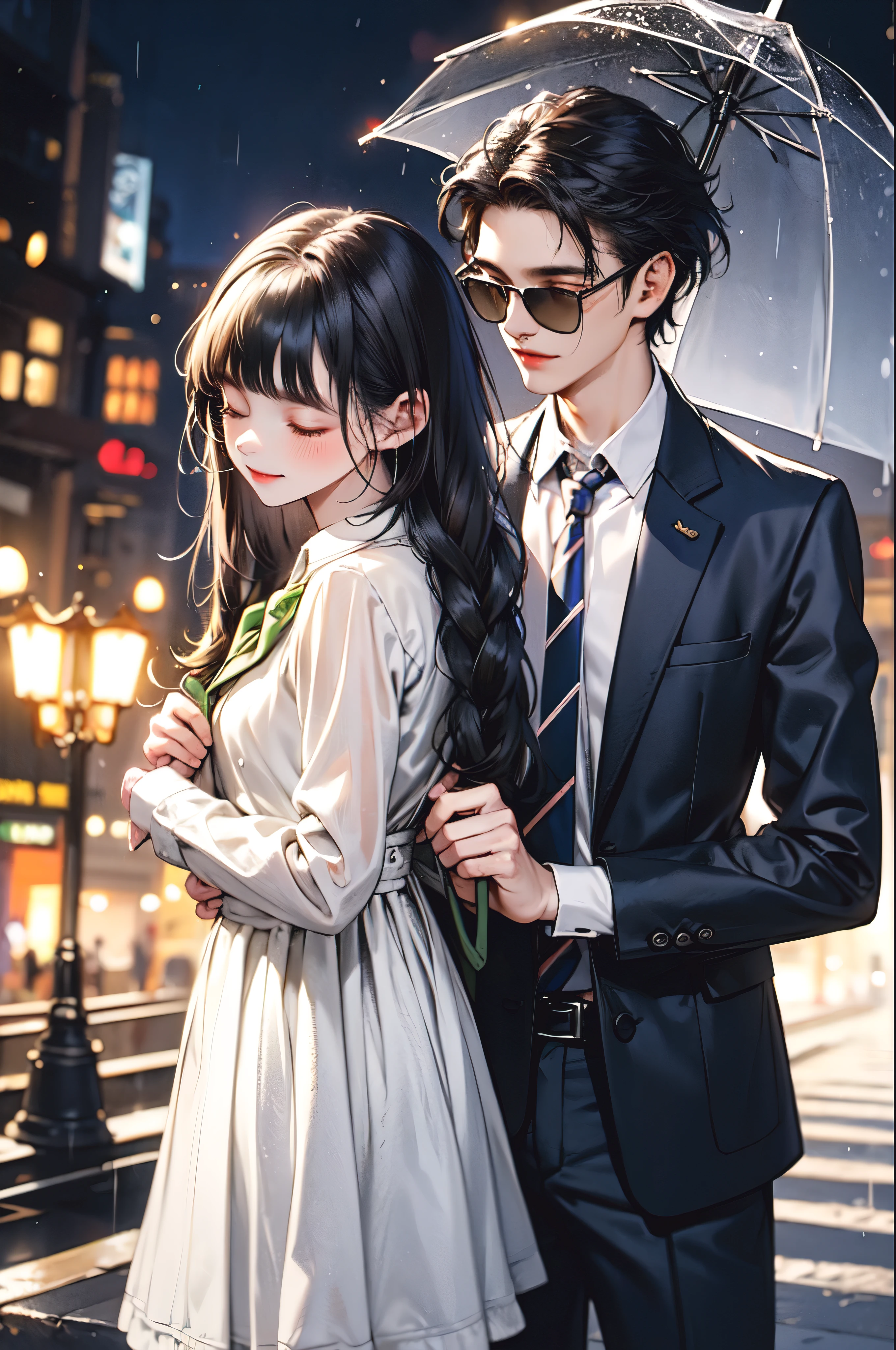 In a picturesque urban setting, the scene unfolds during a gentle rain shower at twilight. A young couple stands intimately close, sharing a clear umbrella that reflects the soft glow of street lamps. The boy, dressed casually in a green jacket and carrying a backpack, tenderly leans in, his forehead touching the girl’s. The girl, in a school uniform consisting of a white blouse and a dark skirt, gazes up at him with closed eyes, her long hair falling gracefully around her shoulders. The surrounding cobblestone street, lined with trees and vintage buildings, adds a touch of nostalgia to the romantic moment. Rain softly falls around them, creating a serene and magical atmosphere, as their shared umbrella shelters them, making them appear to be in their own little world amidst the tranquility of the evening.