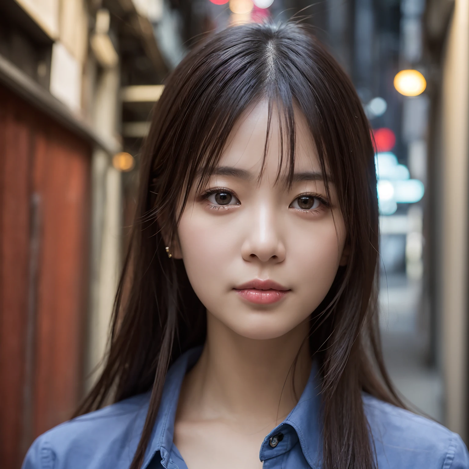 ((Best Quality)), (Realistic:1.2), high resolution, 42 years old japanese woman, cute, looking at viewer, front view, close-up of woman's face, detailed face, beautiful woman's face, blue shirt, in a dark city alleyway
