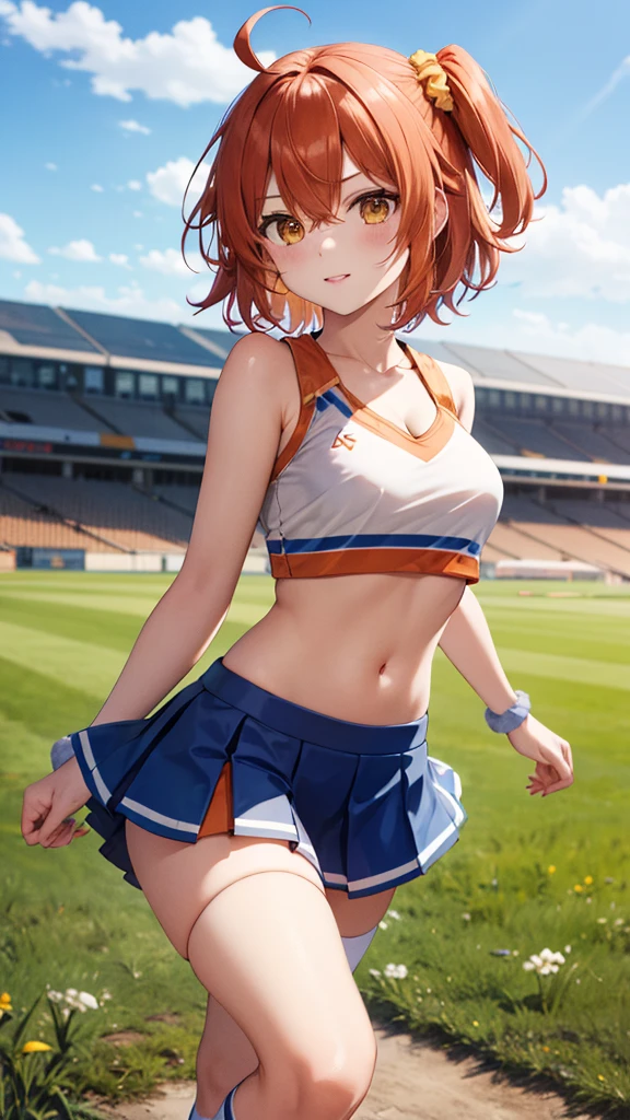 masterpiece, best quality, highres, aaritsuka, short hair, ahoge, hair scrunchie, orange scrunchie, medium breasts, cheerleader, crop top, miniskirt, school field, thigh socks, cleavage