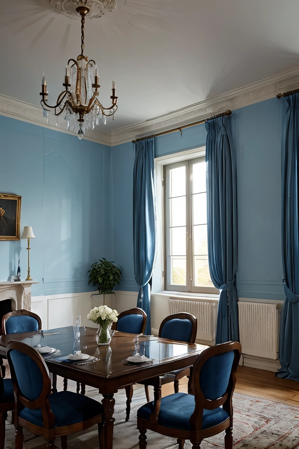 Masterpieces top quality room with blue shades of walls in the style of ancient castles with blue curtains and beautiful chandeliers from ancient times table chairs should be