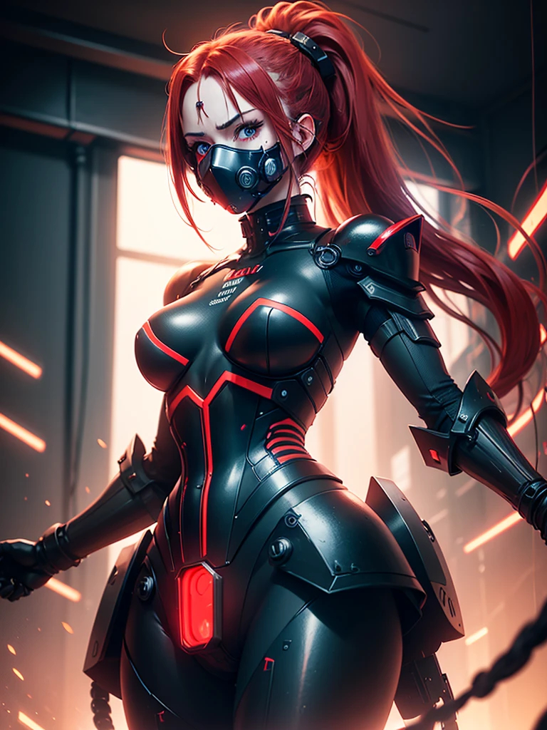 cyborg warrior girl in an attacking pose View from below, angle from below, flat horizon photo, Girl android , she has long red hair, hair in a ponytail, she has a mask on her face, a respirator, a woman with sexy hi incredibly beautiful blue eyes and a gas mask on her face, half cyborg, technological modifications. Beautiful face, black metal cybernetic android robot body in black color, Large, wide hips, suit with red indicator lines with many red details, red colour corset, red glowing lines on clothing details, cybernetic armor with a red glow from under the joints and joints, she has blue eyes , frame with a flat horizon, Anime Style Photography , Red Lasers, black background Cyberpunk style, the camera films Her from below, lower angle of photography, black background image of a night black city and red neon lights, red lamps, red lighting, red flashes IN THE BACKGROUND are the red lights of the night city and red glowing glass shop windows