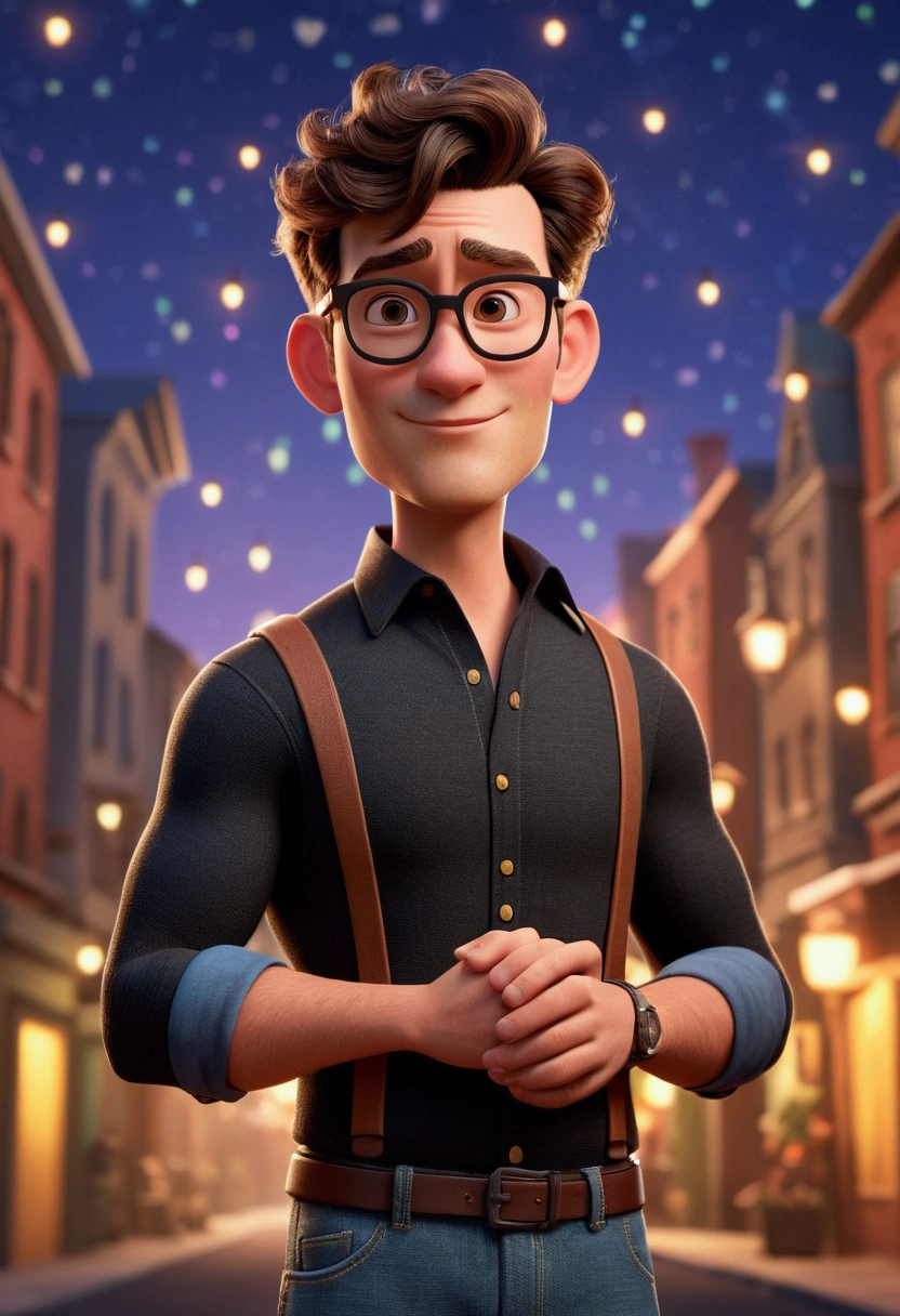 cartoon character de um homem com óculos preto e camisa preta, animation character, stylized character, animation style rendering, 3d stylized, Arnold Maya rendering, Stylized 3D rendering, toon render screenshot, 3d character, 3d character, Stylized 3D rendering, 3D character rendering, cartoon character, Character up close, character pose, (Pixar-style) (master part:1.2) (bokeh) (best qualityer) (skin detailed) (detailed texture) (8k) (Argilla) (cinematic lighting) (sharp focus)