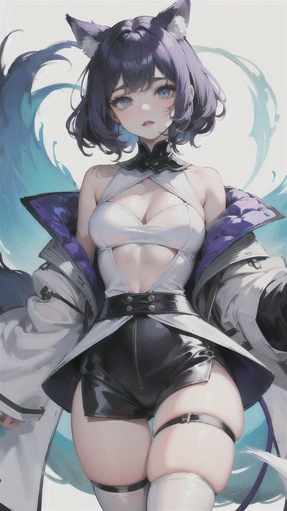 Defined woman's body, thick thighs, short underwear, short, curly hair, white with purple and blue gradient at the ends, blue eyes. She has white fox ears and tail.