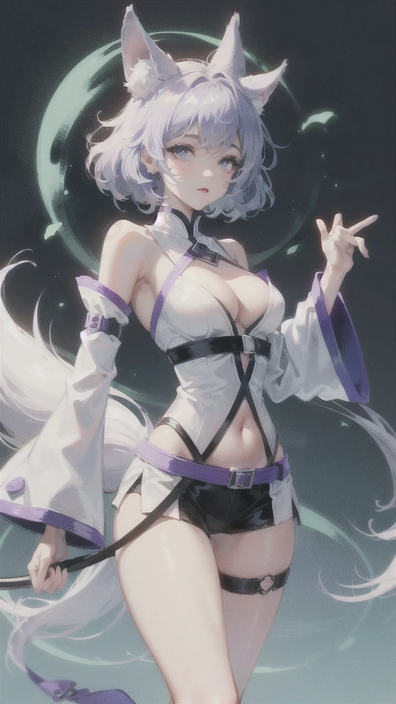 Defined woman's body, thick thighs, short underwear, short, curly hair, white with purple and blue gradient at the ends, blue eyes. She has white fox ears and tail.