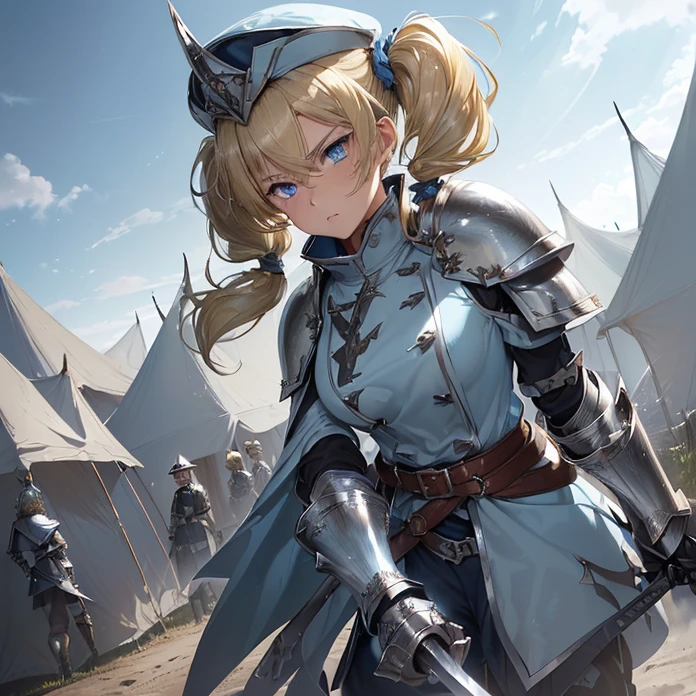 High Resolution, Masterpiece, fantasy genre, HD, High Quality, Backlighting, Overexposure, Optical Illusion, Silhouette, 
Anime Style, Apocalypse, Chaos, Digital Art, Multiple Views, warhammer fantasy aesthetic
{{((43 years old french soldier woman: ((blonde hair tied in two twintails, thin lips, beautiful face, serious face, beautiful light-blue eyes)blue kettle hat, yellow tunic, silver shoulder plates, silver elbow plates, silver steel belt, silver gauntlets(sharp steel tear shield, knight long sword)), (marching around the camp, holding his sword and shield),(military camp, several tents, afternoon sky))}}