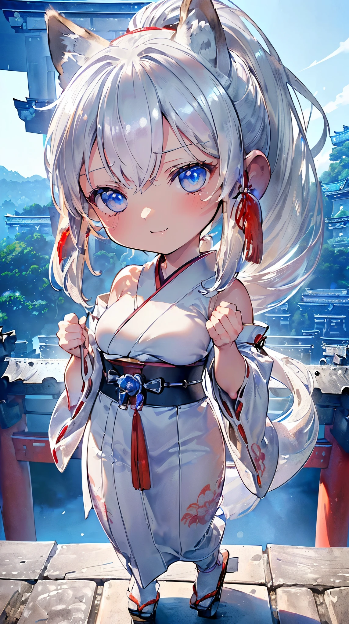 (((Masterpiece))), (((Highest quality))), ((Ultra-detailed)), ((Super fine illustration)), ((Ultra-fine painting)), (16K highest quality wallpaper:1.4), (Chibi:2.0), (Full body:1.6), HDR, (Highly detailed and delicate illustration style:1.8), Detailed skin texture, Detailed cloth texture, Extreme detailed description, (Highly detailed face:1.4), (Highly detailed silver fox ears:1.4), (Highly detailed low-ponytail:1.2), (Highly detailed blue eyes:1.2), Original, RAW photo, Professional, Intricate details, Super details, (Perfect anatomy:1.4), (Highly detailed hands:1.2), (Highly detailed fingers:1.2), (Highly detailed fingertips:1.2), (27-years-old), (Solo:1.6), ((A very beautiful and attractive silver (fox) female fashion model:1.4)) BRAKE (Beautiful and adorable silver fox ears:1.6), (Highly detailed and delicate silver fox ears:1.2), (Beautiful and well-shaped big breasts:1.2), (Beautiful and well-shaped buttocks), (Beautiful and shiny silver low-ponytail:1.6), (Highly detailed and delicate silver low-ponytail:1.2), (Beautiful and clear blue eyes:1.6), (Highly detailed and delicate blue eyes:1.2), (Highly detailed face:1.4), (Smile:1.5), (Blush:1.3), (Looking at viewer:1.4), (Standing:1.4), (Celebration:1.4) BRAKE ((Bright white and red) sacred Off-the-shoulder traditional Japanese shrine maiden costume:1.4), (Off-the-shoulder Japanese divine traditional costume:1.2) BRAKE (Concept art:1.2) BRAKE ((Highly detailed and beautiful Ise Grand Shrine in Mie Prefecture just after noon in the background:1.6), (Celebration:1.4), Highly beautiful in the sunny sky background just after noon:1.2) BRAKE 