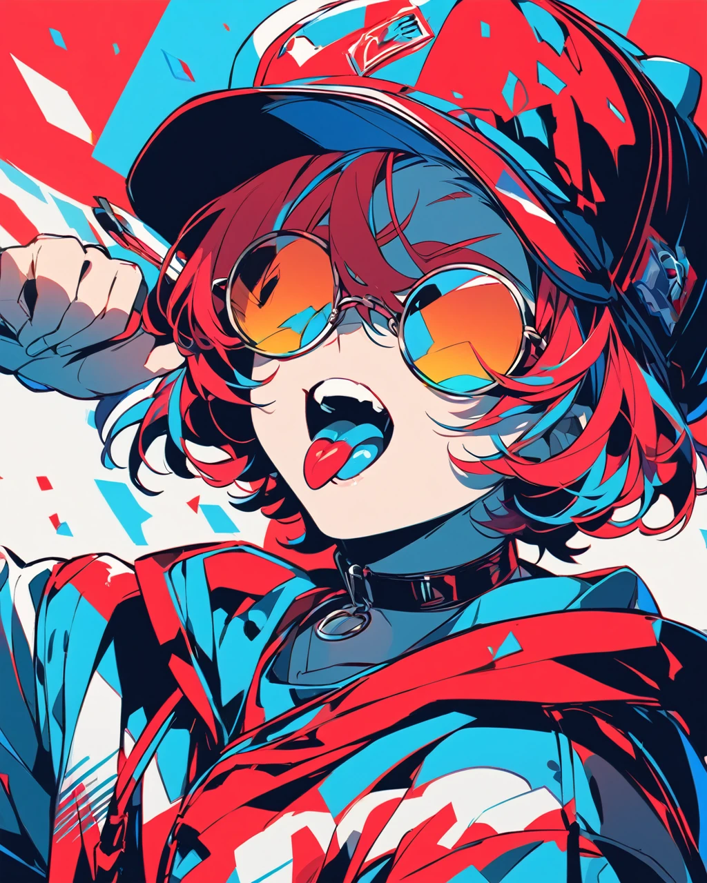 Anime-style boy with short hair, wearing a red and blue cap, round sunglasses, and a choker. The boy has a playful expression, sticking out his tongue. The color scheme is vibrant with red and blue tones, similar to the original image."