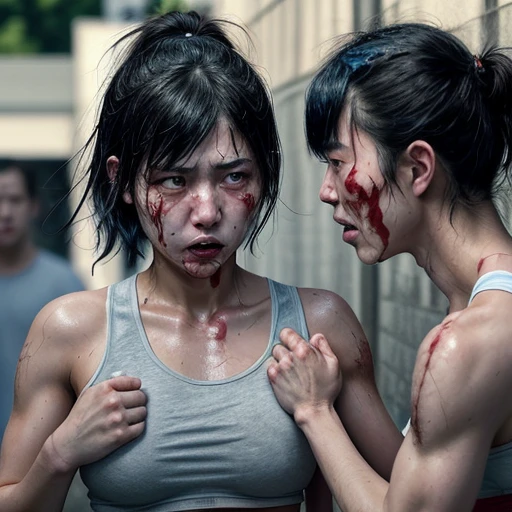 two person face to face.They trade punches with each other. a bloody crying beautiful Japanese female fighter is being beating terribly by a male fighter in the backstreet. Her expression is sad.  she is pinch. Blood is dripping from her nose. She is covered in scars and bruises. she is damaged terribry. Short-cut black hair, out of breath, drooling from mouth, one eye closd, crying, exhausted, drenched in sweat. Erect nipples. open finger glove. Tattered sports bra and denim shorts, adhesive plaster