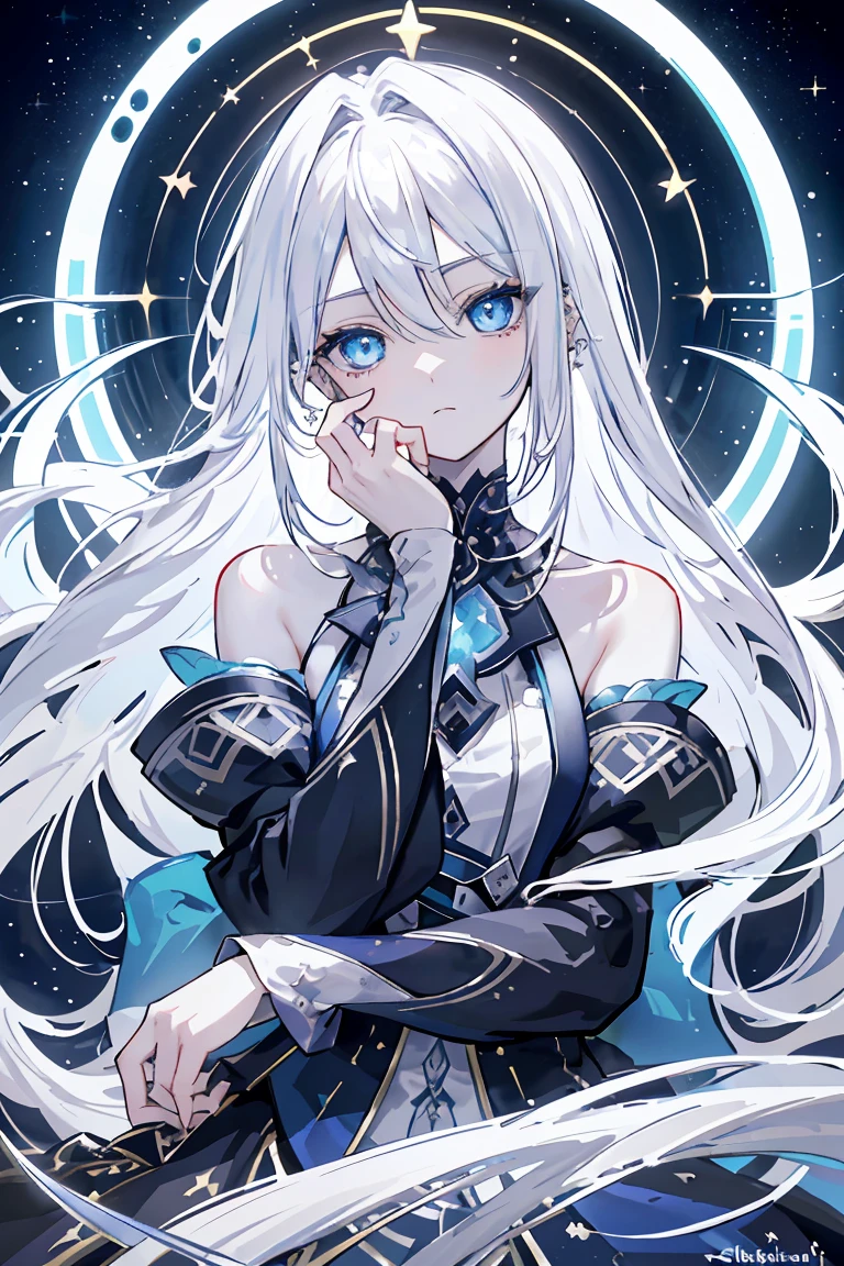 Name: Kaito Stellevan Element: STELLARA Description: A reclusive yet brilliant celestial mage, known for his uncanny ability to manipulate the stars. With piercing azure eyes and silver-white hair, Kaito is a living enigma in the realm of Umbranox. Prompt: ((((Obra maestra, La mejor calidad, ultrahigh resolution)))), 1boy, contemplative, sitting, (silver-white hair), ((eye:1, right_eye:0.5)), long hair cut, pale skin, ((piercing azure eyes)), ((glowing_eyes)), (((ultra detailed eyes:0.6, beautiful and detailed face, detailed eyes:0.9))), ((centered)), (close up, indoor), facing viewer, (((starry night sky, magical aura:0.9))), medium build, looking at a star map, ((introspective, pensive)), ((perfectly groomed)), (((head:1, shoulders in view, arms and hands hidden))), ((touching chin, lost in thought)), serene eyes, beautiful lighting, indoor, ((defined subject)), 21 years old, (head tilt), (((mysterious))), ((introverted)), (((high contrast, vibrant colors)))