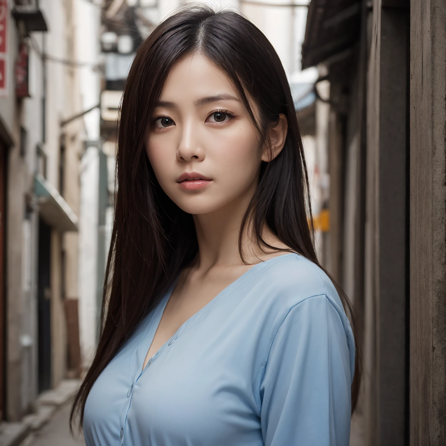 ((Best Quality)), (Realistic:1.2), high resolution, 42 years old japanese cute woman, looking at viewer, front view, close-up of woman's face, detailed face, beautiful woman's face, blue shirt, in a dark city alleyway