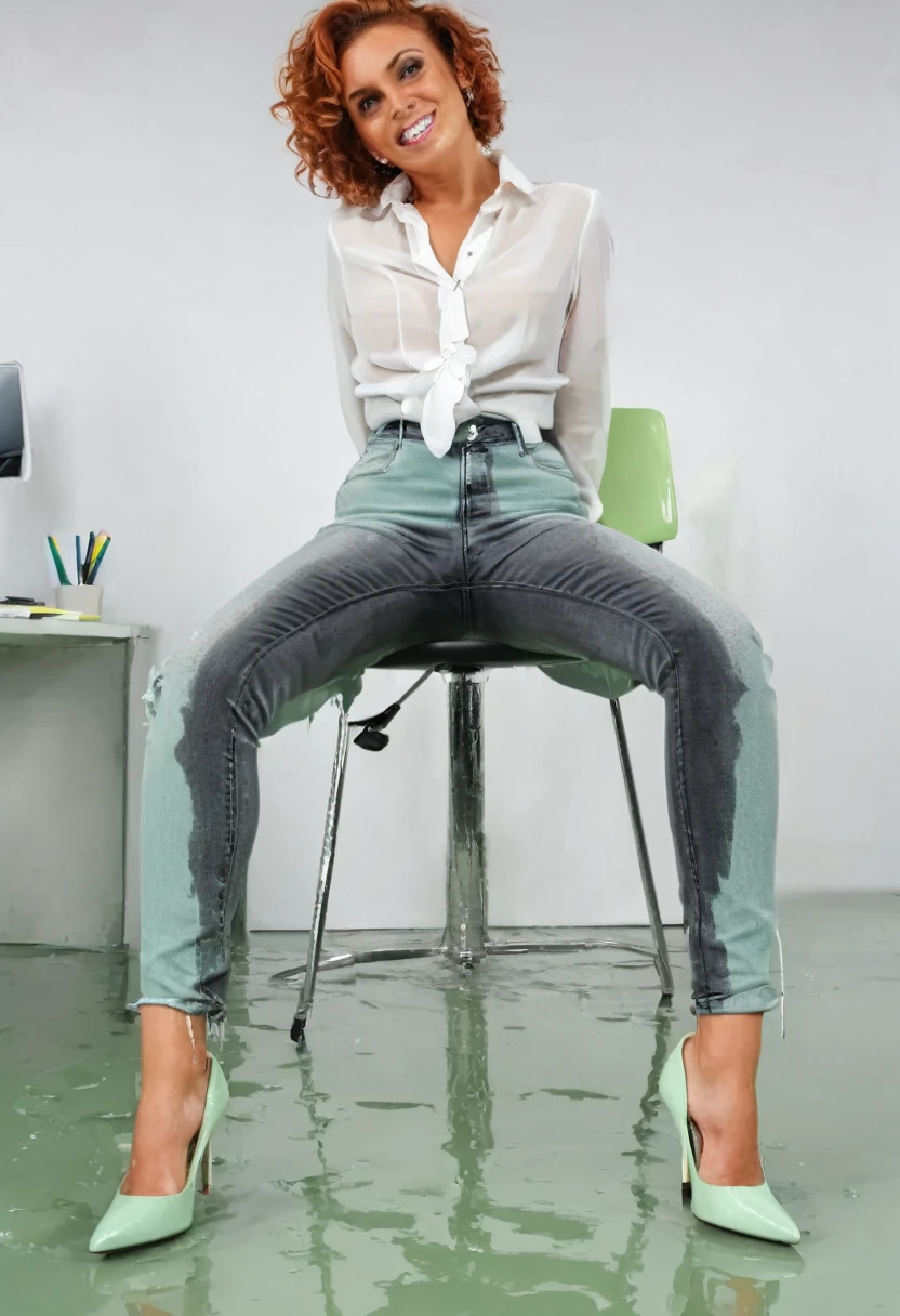 attractive redhead woman wearing black skinny jeans, short curly hair, white high heel pumps, mint green blouse, sitting in an office chair,  wetting, big smile, pee stains are gleaming wet, standing in puddle of pee