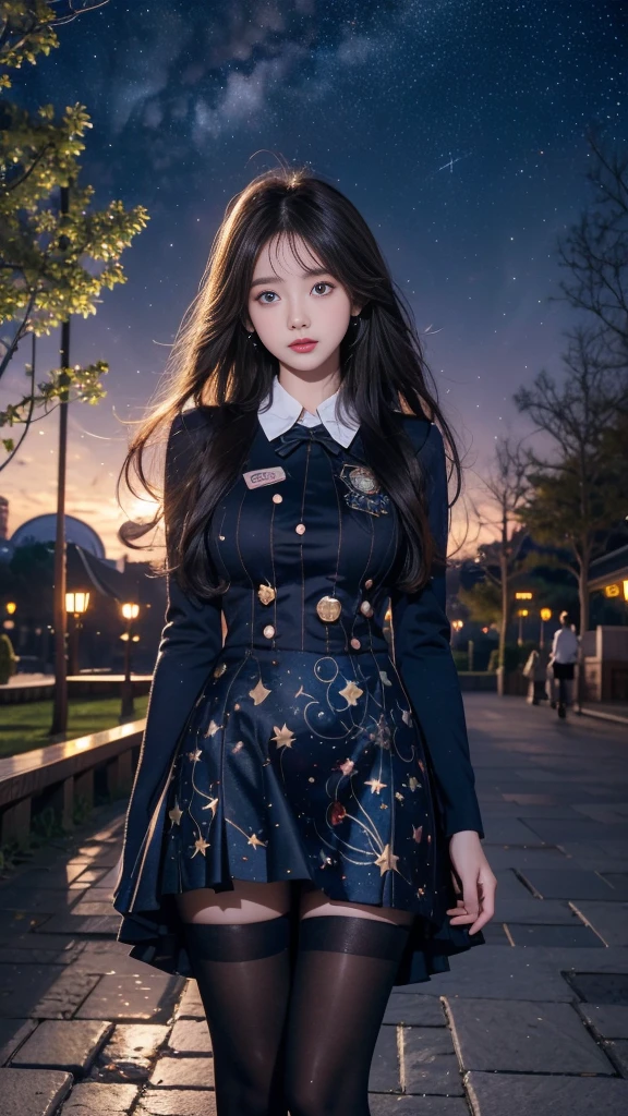 ulzzang-6500-v1.1, (RAW photo: 1.2), (Real photo), (Real photo: 1.4), 1 girl、Perfect anatomy、20 years old、Looking at the camera、Medium length hair、uniform dress, skirt, in a surreal royal garden, under the starry night, ((starry night: 1.1))、(Surreal tights: 1.2), (Business service)、Asian eyes Ella,