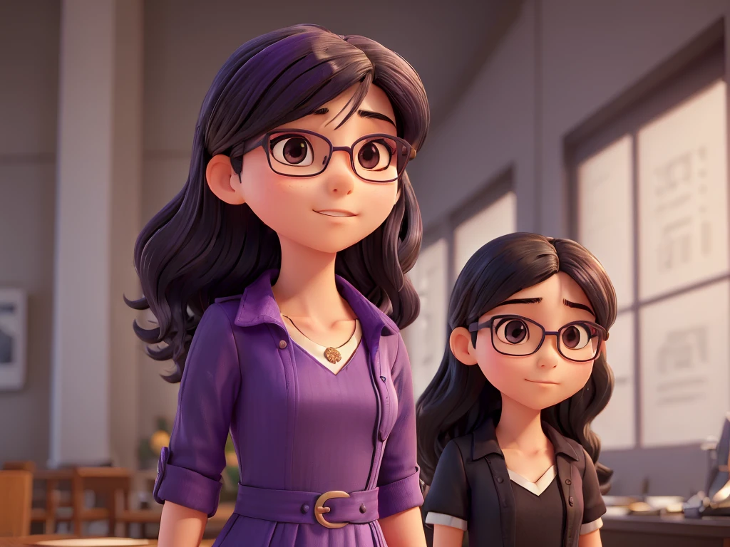((best qualityer)), ((work of art)), (detailded), 1 girl, purple v-neck dress. the girl has asian features, wears black glasses, aviator style. her hair is wavy and dark in color.