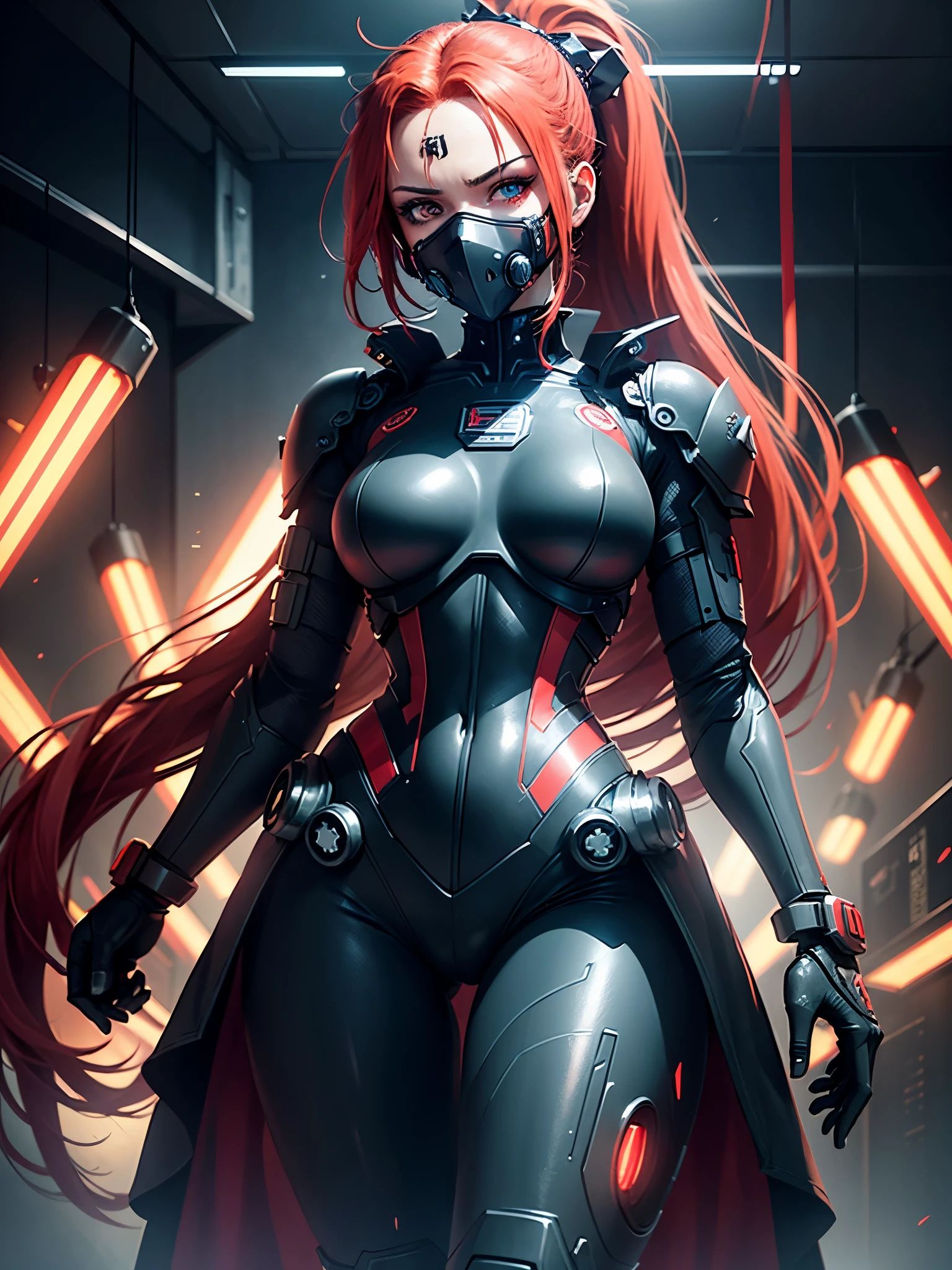 cyborg warrior girl in an attacking pose View from below, angle from below, flat horizon photo, Girl android , she has long red hair, hair tied up in a ponytail, she has a mask on her face, a respirator, a woman with sexy hips, incredibly beautiful blue eyes and a gas mask on her face, half cyborg, technological modifications. Beautiful face, pretty face, look at the camera, black metal cybernetic android robot body, Large, wide hips, suit with red indicator lines with many red details, red colour corset, red glowing lines on clothing details, cybernetic armor with a red glow from under the joints and joints, she has blue eyes , frame with a flat horizon, Anime Style Photography , Red Lasers, black background Cyberpunk style, the camera films Her from below, lower angle of photography, black background image of a night black city and red neon lights, red lamps, red lighting, red flashes IN THE BACKGROUND are the red lights of the night city and red glowing glass shop windows