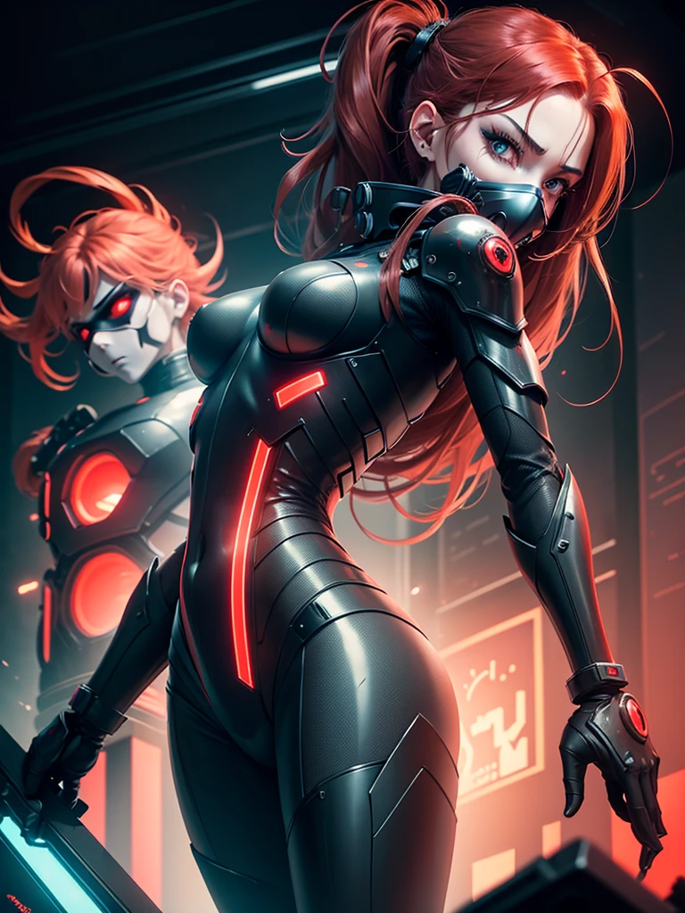 cyborg warrior girl in an attacking pose View from below, angle from below, flat horizon photo, Girl android , she has long red hair, hair tied up in a ponytail, she has a mask on her face, a respirator, a woman with sexy hips, incredibly beautiful blue eyes and a gas mask on her face, half cyborg, technological modifications. Beautiful face, pretty face, look at the camera, black metal cybernetic android robot body, Large, wide hips, suit with red indicator lines with many red details, red colour corset, red glowing lines on clothing details, cybernetic armor with a red glow from under the joints and joints, she has blue eyes , frame with a flat horizon, Anime Style Photography , Red Lasers, black background Cyberpunk style, the camera films Her from below, lower angle of photography, black background image of a night black city and red neon lights, red lamps, red lighting, red flashes IN THE BACKGROUND are the red lights of the night city and red glowing glass shop windows