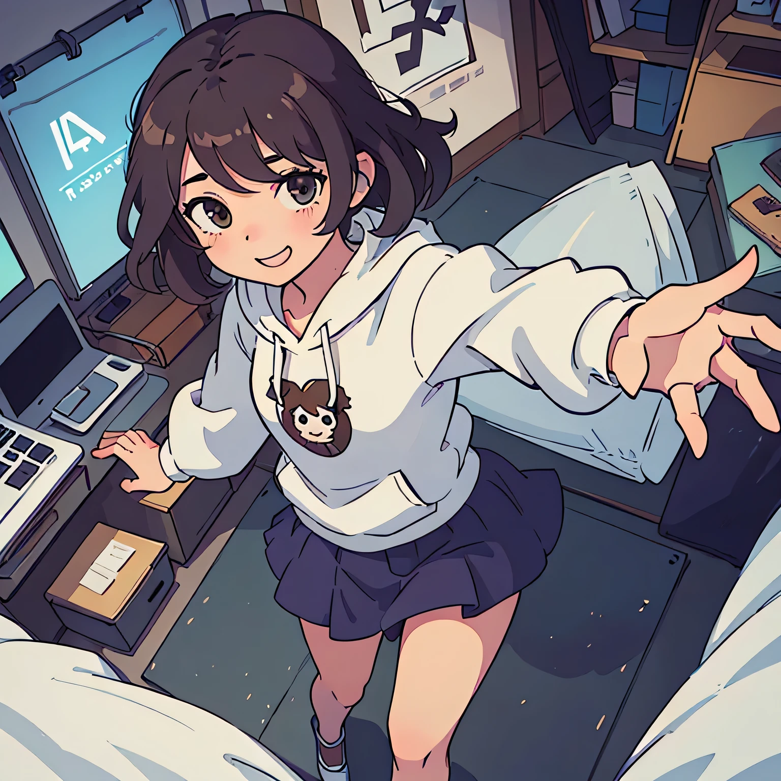 (Highest quality:0.8) Perfect anime illustration, cute, Happy woman with short curly brown hair in her room, Wearing a hoodie, skirt,Chill out
