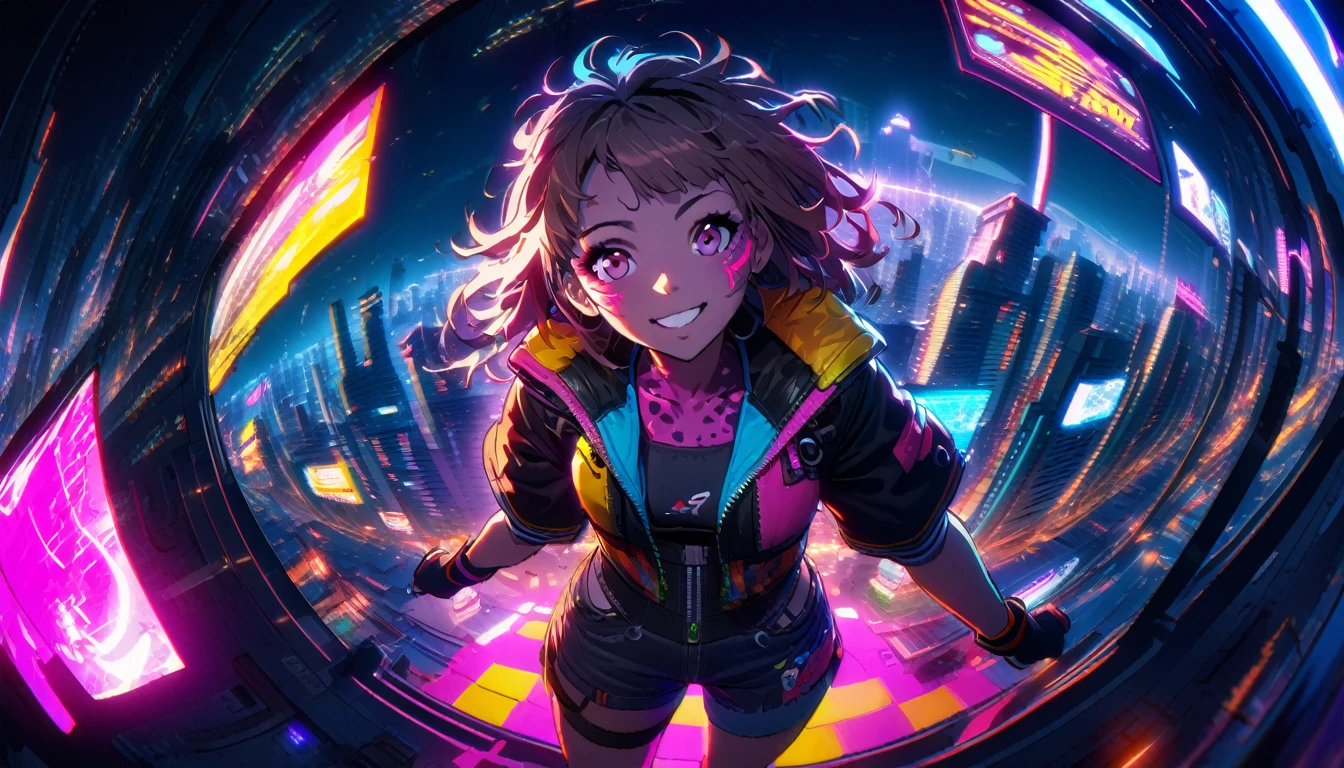 ((2 cyberpunk girls wearing colorful Harajuku style pop outfit)), (fisheye lens), cowboy shot, wind, messy hair, ((cyberpunk 2077 cityscape)), (cyberpunk aesthetics and atmosphere:1.3), bright colors, smiling, ((cinematic lighting))