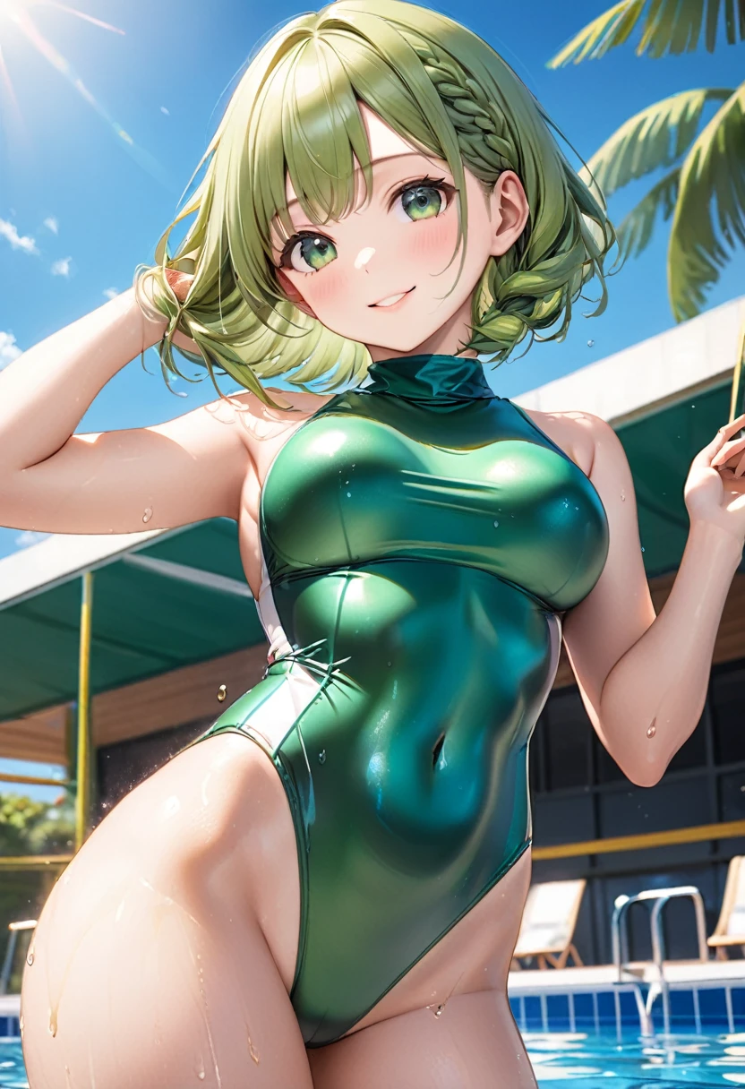 Highest quality, masterpiece, Ultra-high resolution, (Realistic:1.4), RAW Photos, Intricate details, Big beautiful eyes, Perfect contours, masterpiece, One Girl, ((Primary school students)), Braided Bob, (Firm breasts:1.3, High chest:1.0), Curvy waist:1.5, Competitive swimmer, (one piece:1.5, turtleneck,Sleeveless swimwear), Mirror-like metallic green swimsuit:1.5, tight high leg swimsuit:1.4, ((Shooting from below:1.3)), Portraiture, View your audience, Outdoor swimming pool, Wet Skin, smile, (Underarm)