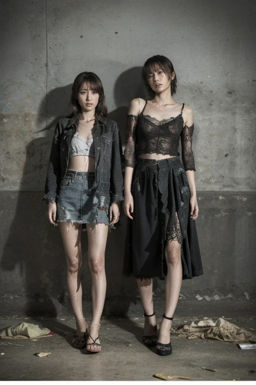 Japanese movie style，best quality，((Dramatic:1.2))，((original photography:1.3))，Night view，2 women, Tattered clothes，lace skirt，ripped lace skirt，Behind is a dilapidated wall，painful posture