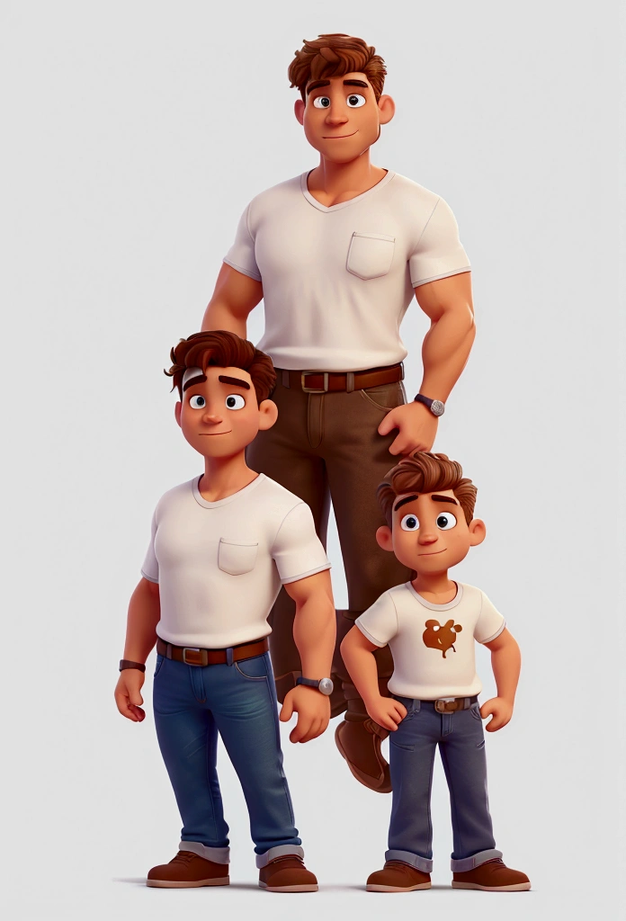 A MAN, WITH MUSCLES, IN A WHITE SHIRT AND JEANS, MIDDLE AGED, LIGHT SKIN, SHORT LIGHT BROWN HAIR, with a low cut, DISNEY DRAWING STYLE