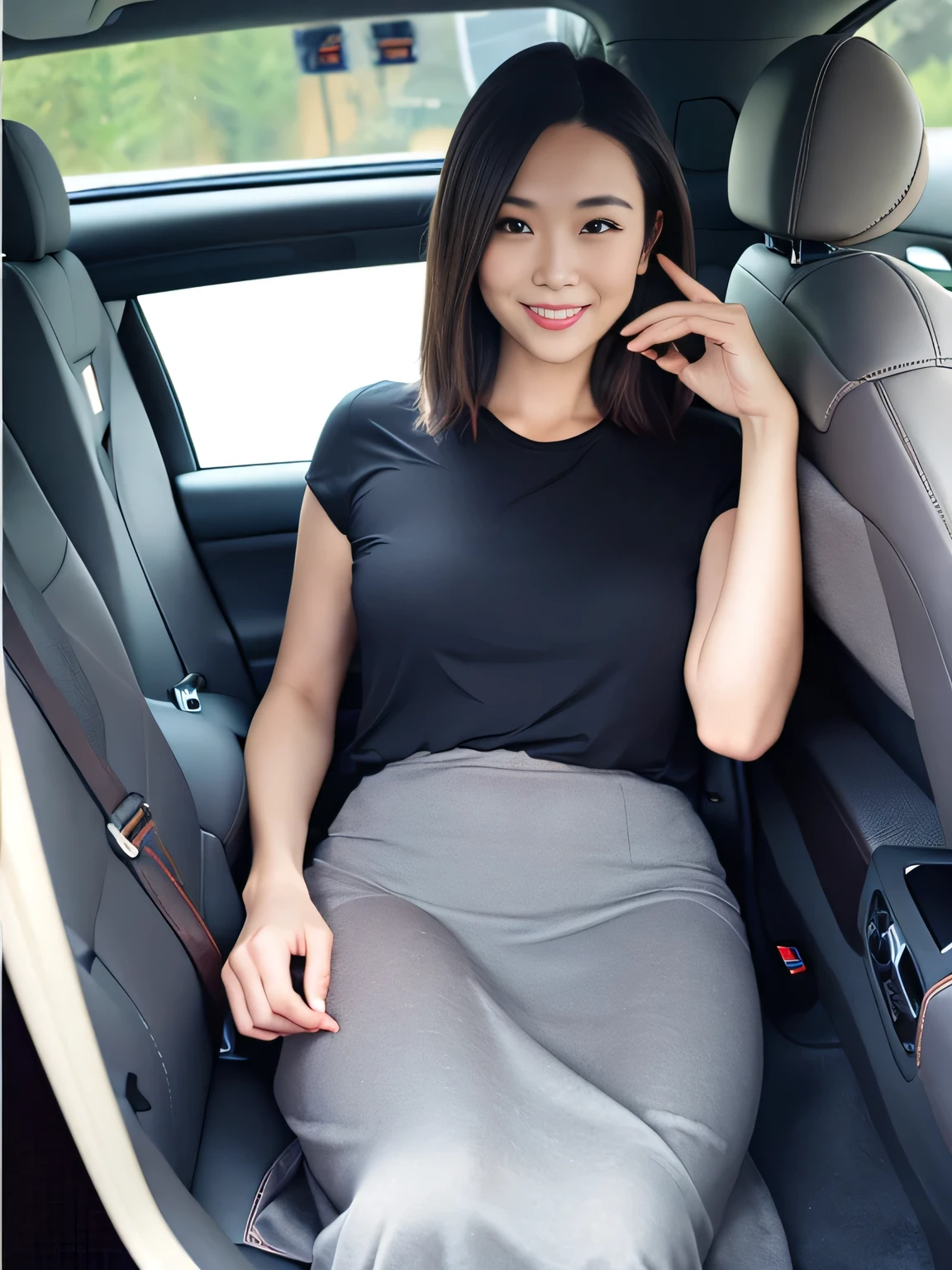 One Japanese woman, Age 35、(Lying in the passenger seat:1.2) , ((Grin:1.4))、(A plain T-shirt and a maxi-length skirt)、Thighs visible through the slit、Chirarizum、Highest quality、8k、masterpiece、Ultra-high resolution、Clear photos、Professional Lighting、Natural light、Realistic,、Highly detailed skin、Perfect Anatomy、Beautiful Hands、Beautiful fingers、