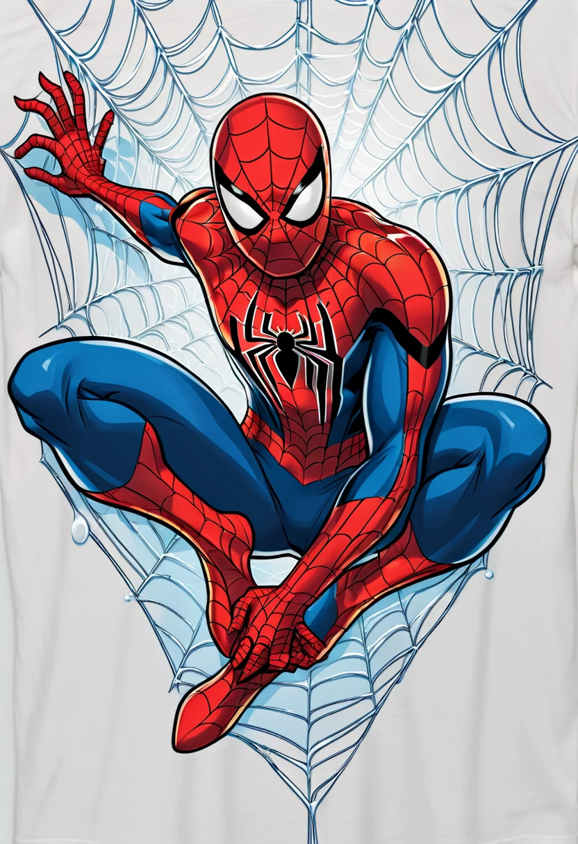 A white t-shirt with a vibrant illustration of a spider web and at its center is Spider man, a popular Marvel superhero. Spider man is depicted in his iconic red and blue costume, swinging in the air with their webs. He's in a dynamic pose, with one hand releasing a web and the other holding a strand of web. The design is detailed, with the webs appearing tangled and the character&#39;s facial features clearly visible. The t-shirt has a round neckline and appears to be a standard cut.. Below Spider man there is the text "Spider man" in a decorative and catchy font.