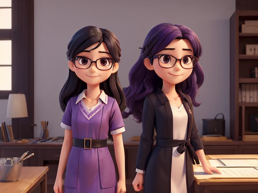 ((best qualityer)), ((work of art)), (detailded), a Japanese girl, purple v-neck dress. the girl has asian features, wears black glasses, aviator style. her hair is wavy and dark in color. She is smiling