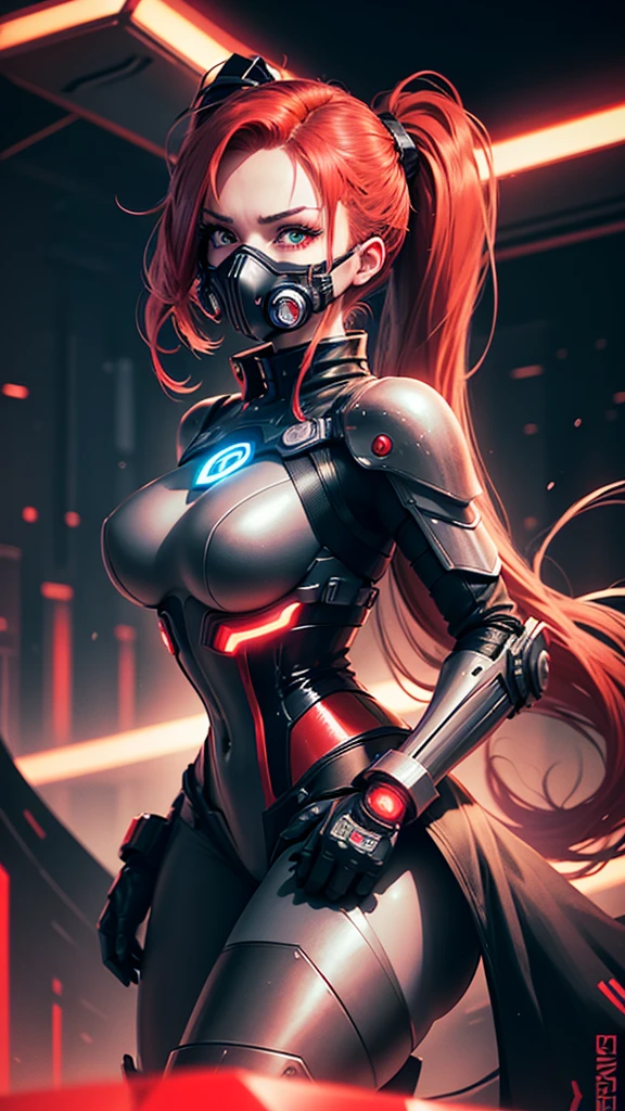 cyborg warrior girl in an attacking pose View from below, angle from below, flat horizon photo, Girl android , she has long red hair, hair tied up in a ponytail, she has a mask on her face, a respirator, a woman with sexy hips, incredibly beautiful blue eyes and a gas mask on her face, half cyborg, technological modifications. Beautiful face, pretty face, look at the camera, black metal cybernetic android robot body, Large, wide hips, suit with red indicator lines with many red details, red colour corset, red glowing lines on clothing details, cybernetic armor with a red glow from under the joints and joints, she has blue eyes , frame with a flat horizon, Anime Style Photography , Red Lasers, black background Cyberpunk style, the camera films Her from below, lower angle of photography, black background image of a night black city and red neon lights, red lamps, red lighting, red flashes IN THE BACKGROUND are the red lights of the night city and red glowing glass shop windows