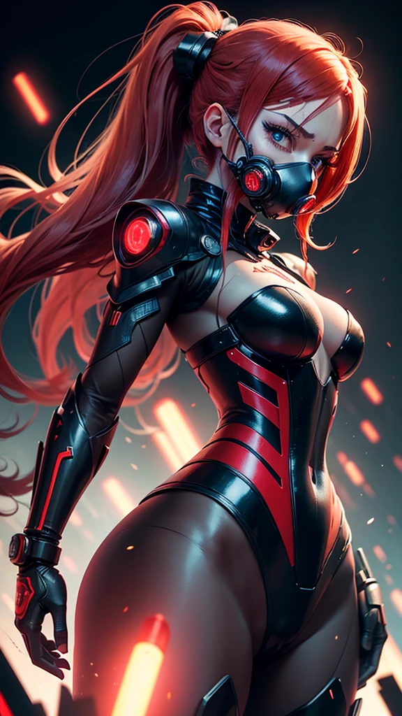 cyborg warrior girl in an attacking pose View from below, angle from below, flat horizon photo, Girl android , she has long red hair, hair tied up in a ponytail, she has a mask on her face, a respirator, a woman with sexy hips, incredibly beautiful blue eyes and a gas mask on her face, half cyborg, technological modifications. Beautiful face, pretty face, look at the camera, black metal cybernetic android robot body, Large, wide hips, suit with red indicator lines with many red details, red colour corset, red glowing lines on clothing details, cybernetic armor with a red glow from under the joints and joints, she has blue eyes , frame with a flat horizon, Anime Style Photography , Red Lasers, black background Cyberpunk style, the camera films Her from below, lower angle of photography, black background image of a night black city and red neon lights, red lamps, red lighting, red flashes IN THE BACKGROUND are the red lights of the night city and red glowing glass shop windows