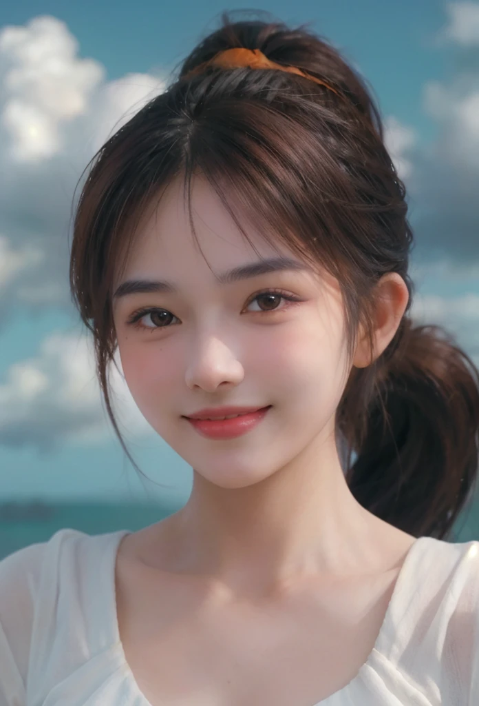 out of orange steam and clouds, a beautiful european girl with brown eyes. her face with a cute smile and little dimples, Ponytail, Masterpiece, Super Detailed, Cinematic Lighting, UHD, Anatomically Correct, Retina, 35mm, 