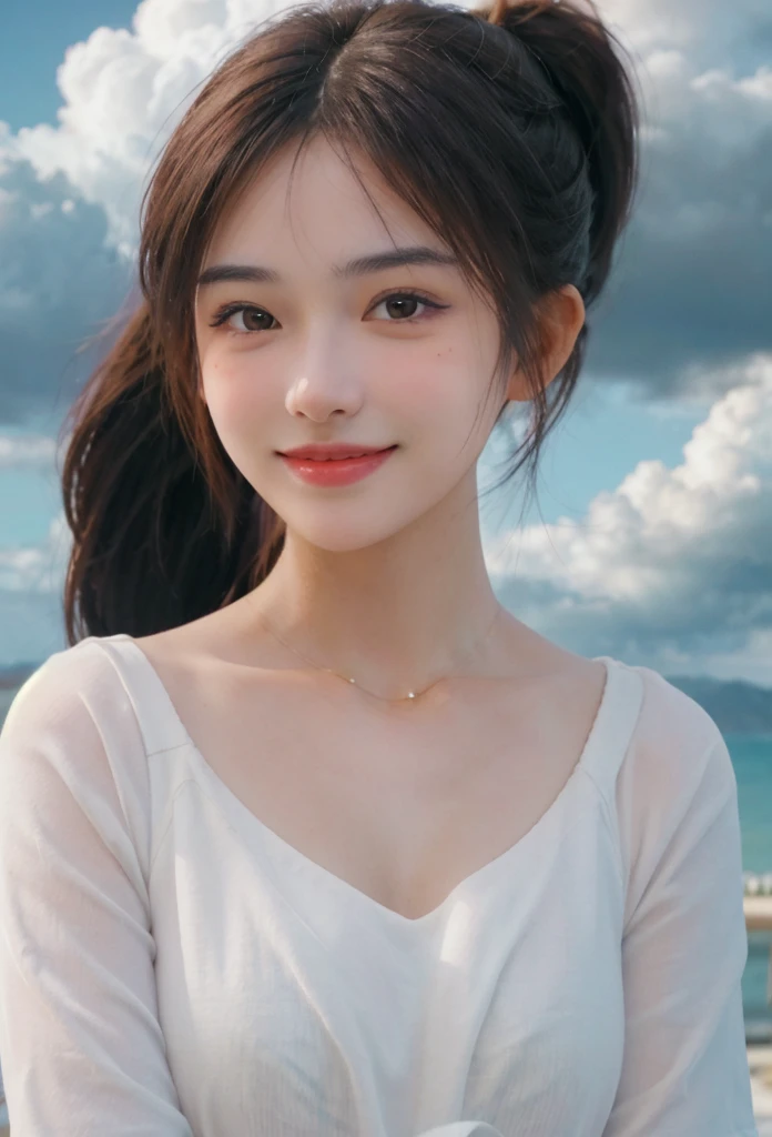 out of orange steam and clouds, a beautiful european girl with brown eyes. her face with a cute smile and little dimples, Ponytail, Masterpiece, Super Detailed, Cinematic Lighting, UHD, Anatomically Correct, Retina, 35mm, 