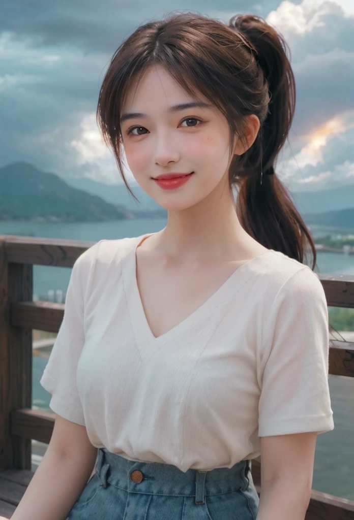 out of orange steam and clouds, a beautiful european girl with brown eyes. her face with a cute smile and little dimples, Ponytail, Masterpiece, Super Detailed, Cinematic Lighting, UHD, Anatomically Correct, Retina, 35mm, 
