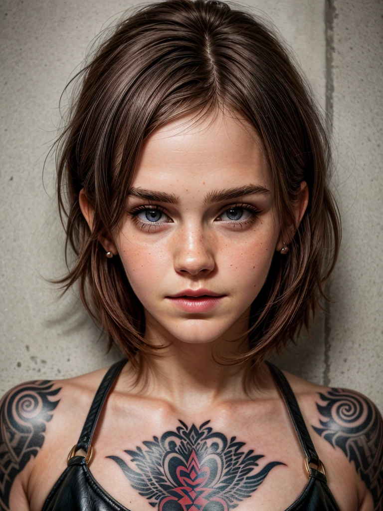 worst quality,  emma watson, punk, , mohawk,  piercing, tattoo, grey eyes, leather, 