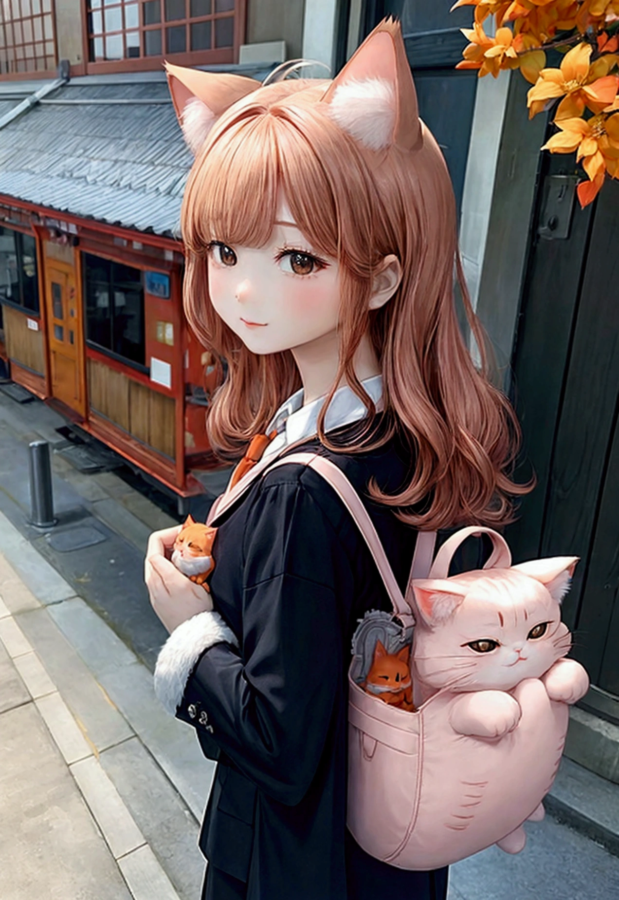 Wide-angle lens,Cat from side,Vision,Orange cat,Standing,doll,Carrying a small school bag,Train station in autumn,Wooden house,Platform, cloak,Ruan Jia,Suit,tie,Flower cat,Stupid Dog,Muscular tomcat, (Delicate face), (Fine fluffy fur)