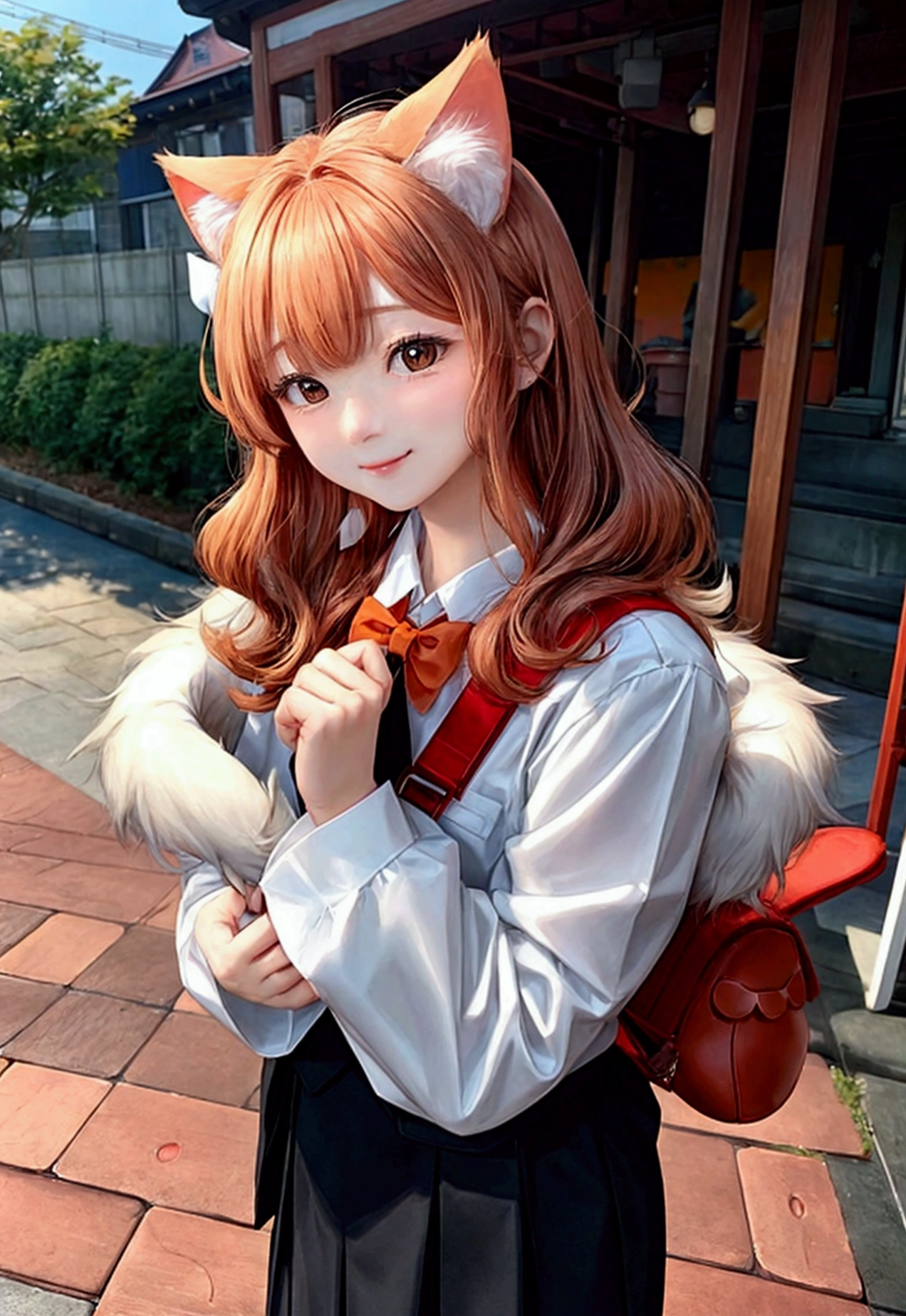Wide-angle lens，Cat from side，Vision，Orange cat，Standing，doll，Carrying a small school bag，Train station in autumn，Wooden house，Platform， cloak,Ruan Jia,Suit,tie，Flower cat，Stupid Dog,Muscular tomcat, (Delicate face), (Fine fluffy fur)