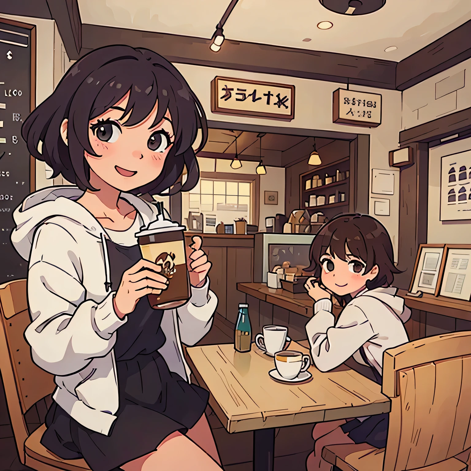 (Highest quality:0.8) Perfect anime illustration, cute, Happy woman with short curly brown hair in a cafe, Wearing a hoodie, skirt,Drink coffee