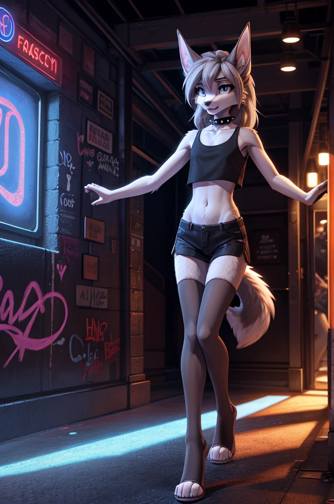 **Prompt:** A beautiful, (masterpiece), high quality, perfect lighting, highly detailed CG Unity 8k wallpaper, high resolution, perfect lighting, youthful, adolescent, tall, slim, skinny, frail slender figure, slim legs, distinctly feminine figure, narrow hips, long legs, close-up shot tall, slim, anthropomorphic doberman woman, expressive facial emotion, distinctly feminine figure, thick, fuzzy, fluffy, volumetric fur, long legs, cinematic high fidelity 3D CAD model style, grey eye shadow, black winged eyeliner, eyebrow piercing, white fur, grey countershading, silver hair, dark grey ears, bushy tail, spiked black choker, grey crop-top, exposed midriff, black shorts, stockings, dancing at a dive bar, graffiti on wall, patrons staring