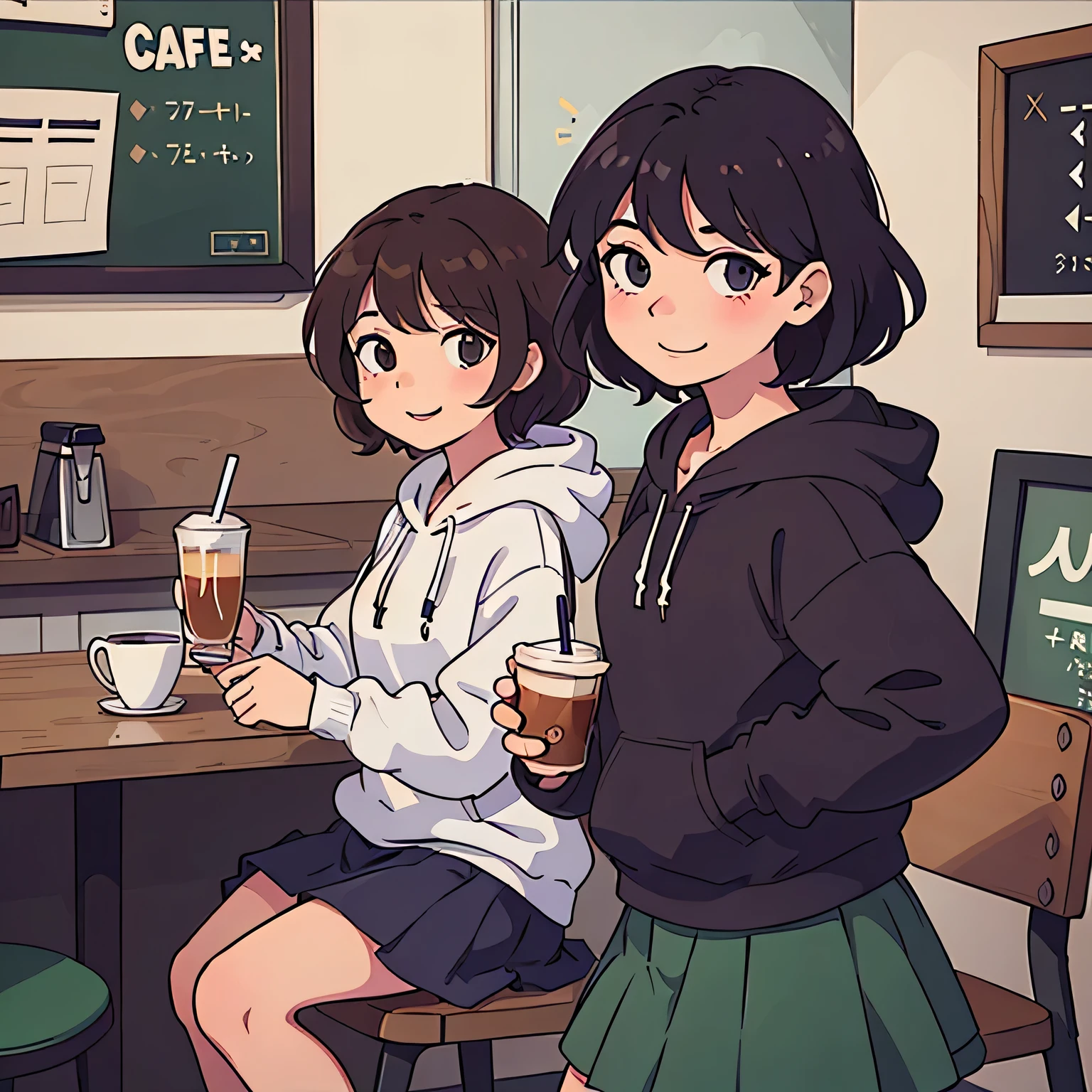 (Highest quality:0.8) Perfect anime illustration, cute, Happy woman with short curly brown hair in a cafe, Wearing a hoodie, skirt,Drink coffee