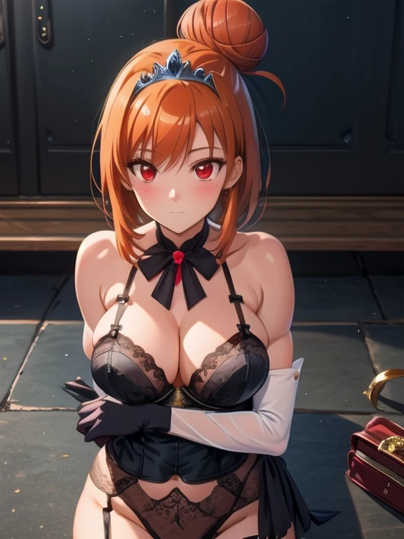 prison, concrete wall, concrete floor, ((dogeza)), bare shoulders, tiara, ((black bustier)), ((black stockings)), ((black thong)), ((black high heels)), ((black garter belt)), ((black elbow gloves)), (masterpiece:1.2), best quality, high resolution, (beautiful detailed face:1.2, beautiful detailed red eyes:1.2), perfect lighting, (perfect hands, perfect anatomy),
Cute, beautiful, charming lady, solo,
milf, married woman,
orange hair, single bun hair,