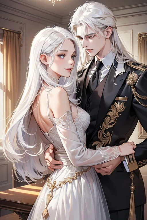 (table top, digital art, digital illustration, 4K, 8K, super detailed, beautiful images, clear image, realistic, RAW photo, perfect face, perfect lines, perfect eyes, soft lighting) 1 female, ((different hair color)), (medium white hair,straight hair, mischievous smile,beautiful woman,Solid makeup,28 year old female,small breasts:1.3),suit, Two handsome men in suits, (human,Men in suits,muscular,Firm shoulder width,adult male,boyish hairstyle,british gentleman's style,A man in his 30s with a cool expression, long black hair, 28-year-old man with bright smile:1.2),Bright Victorian era room、white wall、couple dancing、light
