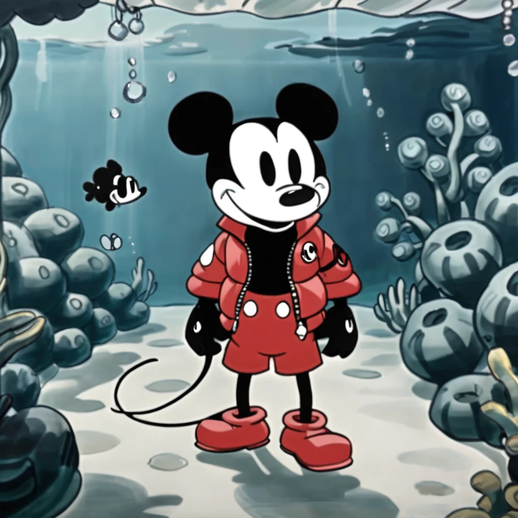  Steamboat Willie is wearing a shiny, cherry-red Moncler Maya down puffer jacket while the background is underwater theme