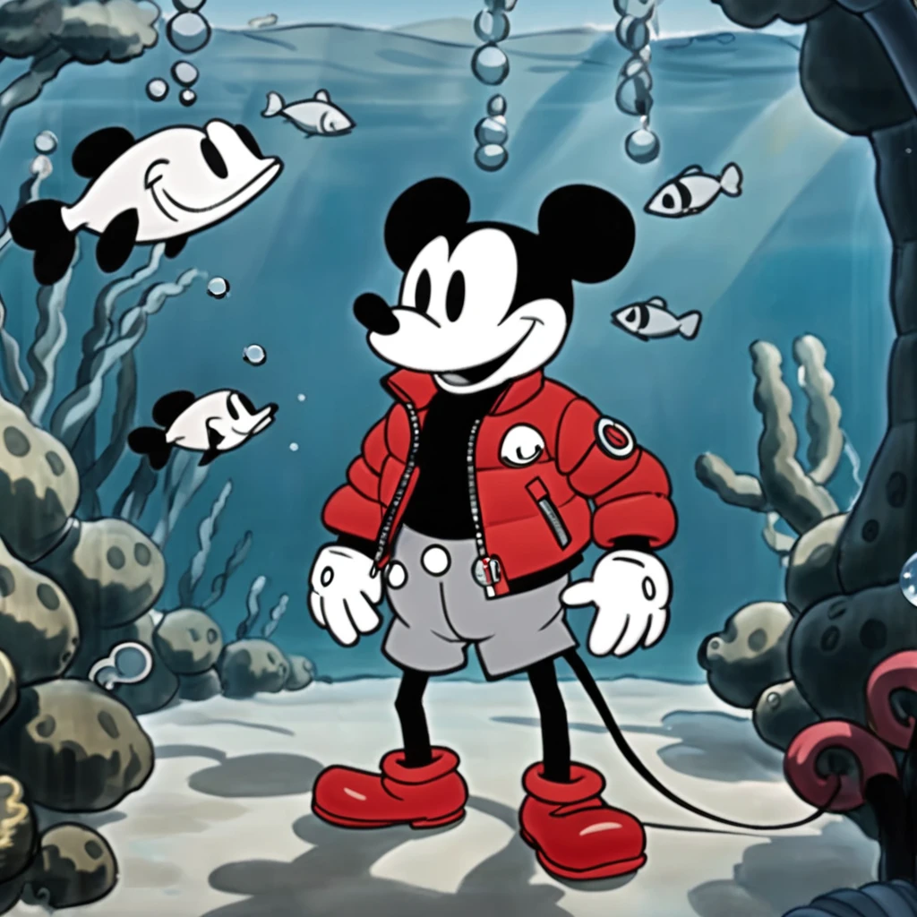  Steamboat Willie is wearing a shiny, cherry-red Moncler Maya down puffer jacket while the background is underwater theme