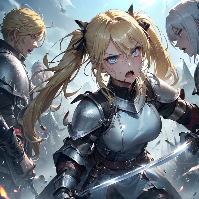 High Resolution, Masterpiece, fantasy genre, HD, High Quality, Backlighting, Overexposure, Optical Illusion, Silhouette,
Anime Style, Apocalypse, Chaos, Digital Art, Multiple Views, warhammer fantasy aesthetic
{{((43 years old french soldier woman: ((blonde hair tied in two twintails, thin lips, beautiful face, furious face, beautiful light-blue eyes, screaming angry, blood on her face and mouth)bluesteel kettle hat, yellow tunic, silver shoulder plates, silver elbow plates, silver steel belt, silver gauntlets(sharp steel tear shield, knight long sword)), (fighting, attacking with her his sword and blocking with her shield),(fire around the hill, several male and female foot soldiers, afternoon sky))}}