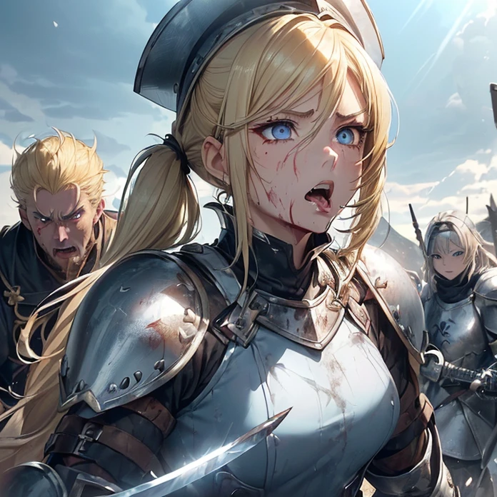 High Resolution, Masterpiece, fantasy genre, HD, High Quality, Backlighting, Overexposure, Optical Illusion, Silhouette, 
Anime Style, Apocalypse, Chaos, Digital Art, Multiple Views, warhammer fantasy aesthetic
{{((43 years old french soldier woman: ((blonde hair tied in two twintails, thin lips, beautiful face, furious face, beautiful light-blue eyes, screaming angry, blood on her face and mouth)bluesteel  kettle hat, yellow tunic, silver shoulder plates, silver elbow plates, silver steel belt, silver gauntlets(sharp steel tear shield, knight long sword)), (fighting, attacking with her his sword and blocking with her shield),(fire around the hill, several male and female foot soldiers, afternoon sky))}}