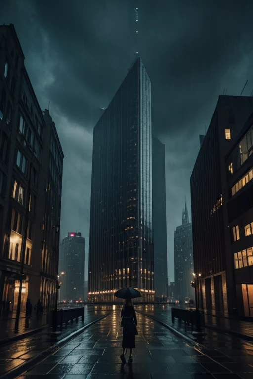 Dark City, Rain, Night,wearing long frock ,European Woman, Tall Buildings, Deserted, Looking Up