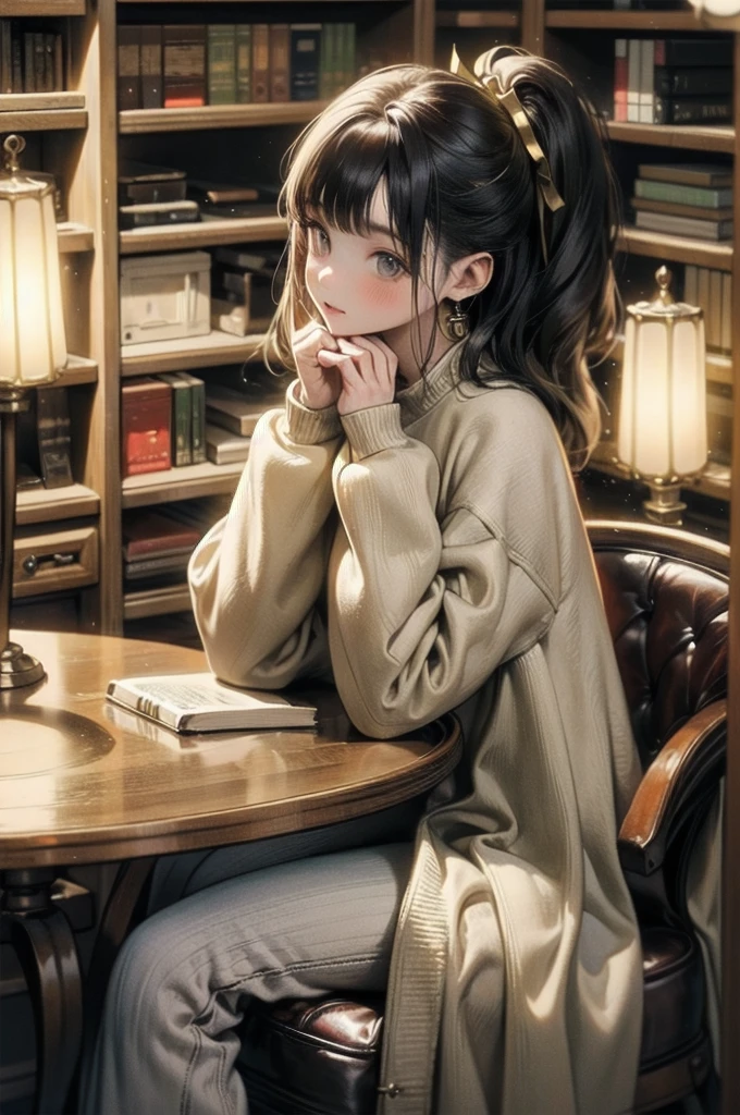 In a warmly lit library filled with the golden hues of autumn, a young woman with long, wavy hair sits at a round wooden table. She is dressed in a cozy, dark sweater and loose-fitting trousers, embodying a sense of relaxed elegance. Sunlight streams through the large window beside her, casting a soft glow on her thoughtful expression as she leans her cheek on her hand. The room is adorned with tall bookshelves brimming with books, and a few candles add to the ambient light. Scattered leaves gently float in the air, creating a serene and dreamy atmosphere. The woman appears to be lost in her thoughts, perhaps pondering the story within the open book in front of her, surrounded by the tranquility and comfort of the library.