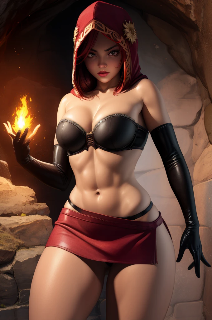 Dsorceress, redhair, shadowy face,dark cave, fire, hood, shadowed cute face, mini skimpy strapless bra, slim and athletic body, skinny thighs, skimpy slit miniskirt, no underwear, no panty, elbow gloves, dark skin, 1 girl (insanely detailed, masterpiece, best quality)