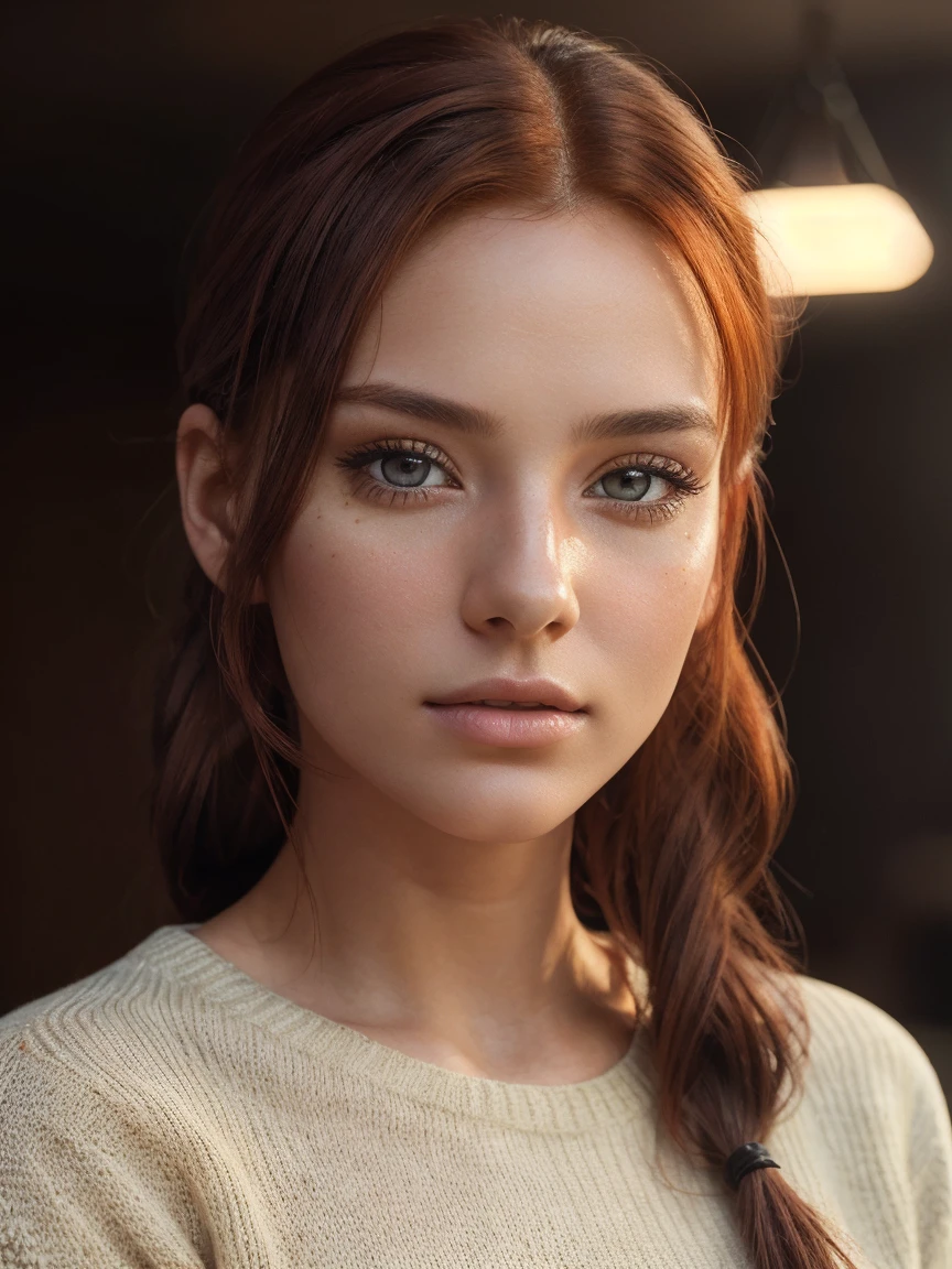 A young woman, around 22 years old, with red hair styled in a ponytail, striking brown eyes, wearing a white sweater, (best quality,8k,ultra-detailed,ultra-realistic,photorealistic:1.4),(masterpiece,intricate details:1.2),anime style,highly detailed face,beautiful detailed eyes,beautiful detailed lips,extremely detailed facial features,delicate skin,soft lighting,warm color tones,cinematic lighting,natural lighting,atmospheric,fantasy,portrait