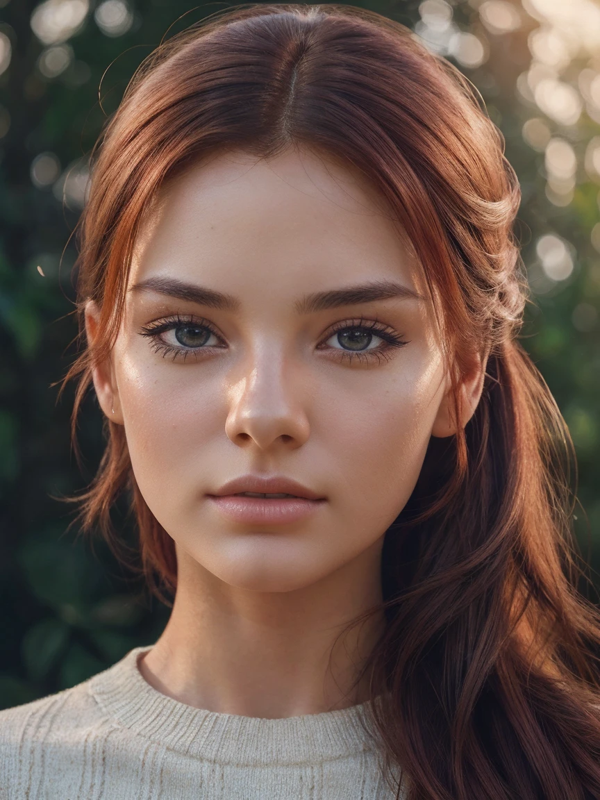 A young woman, around 22 years old, with red hair styled in a ponytail, striking brown eyes, wearing a white sweater, (best quality,8k,ultra-detailed,ultra-realistic,photorealistic:1.4),(masterpiece,intricate details:1.2),anime style,highly detailed face,beautiful detailed eyes,beautiful detailed lips,extremely detailed facial features,delicate skin,soft lighting,warm color tones,cinematic lighting,natural lighting,atmospheric,fantasy,portrait