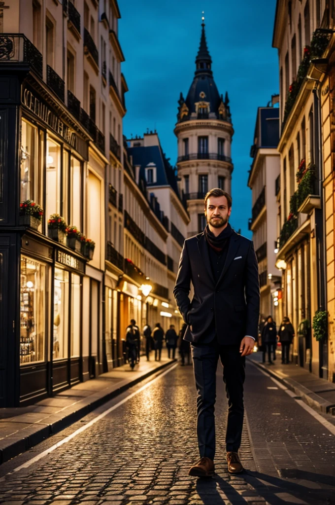 German Belgian in the street of Paris in the evening